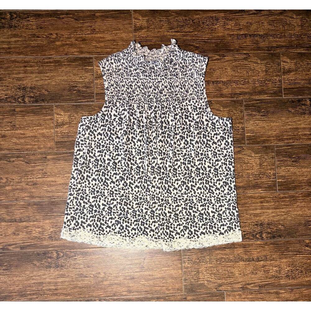 Rewind Leopard Print Smocked Mock Neck Tank with Lace Hem - L